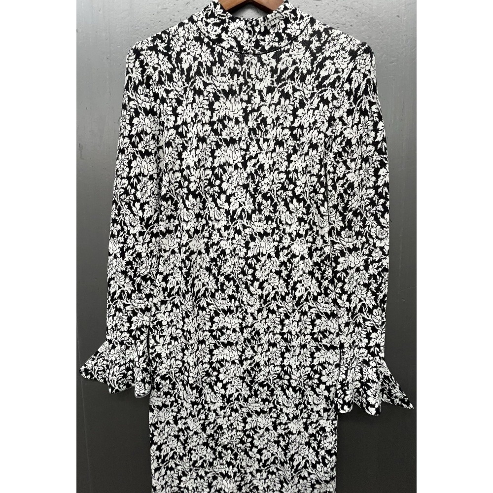 Michael Kors Sweater Dress M Black White Floral Flare Cuff Stretchy Feminine - Picture 1 of 9